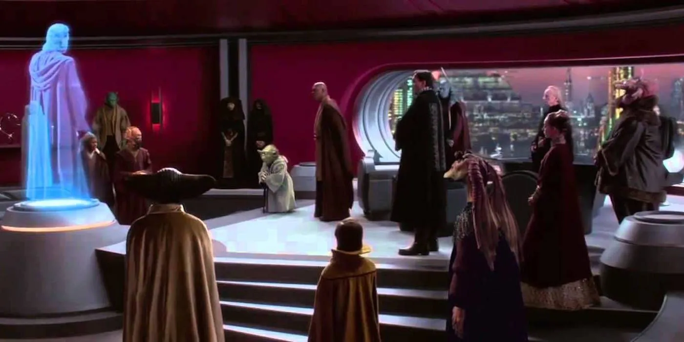 Jar Jar, Palpatine, and the Jedi stand in Palpatine's office with Obi-Wan as a hologram in Attack of the Clones. Jar Jar, Palpatine, and the Jedi stand in Palpatine's office with Obi-Wan as a hologram in Attack of the Clones.