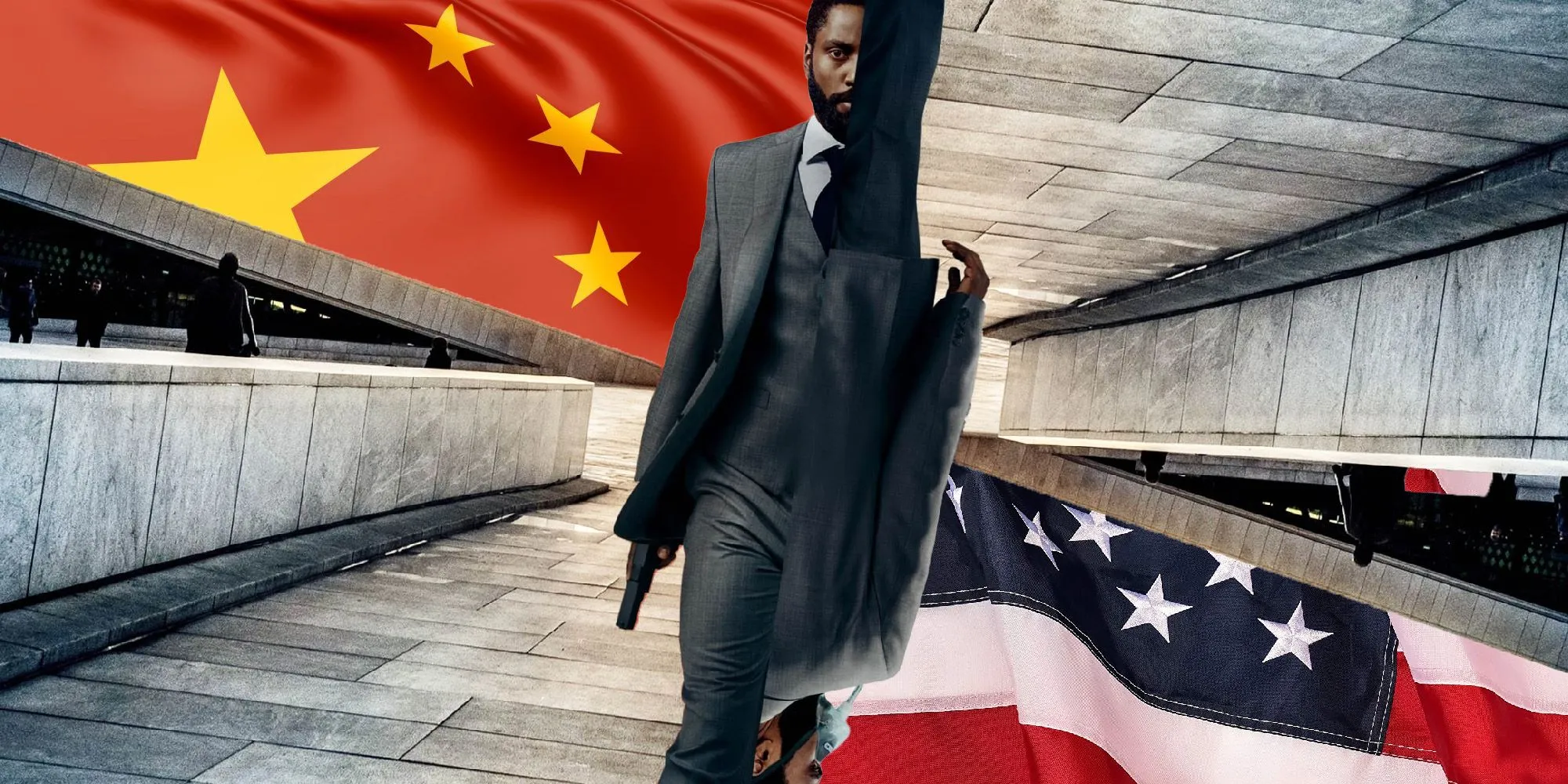 John David Washington with American and Chinese flags John David Washington with American and Chinese flags