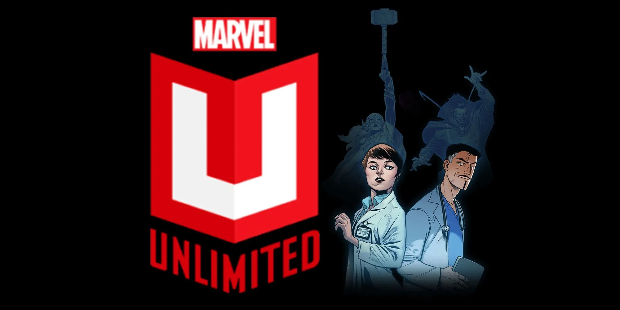 The Mighty Thor and Doctor Strange Stand Next to the Marvel Unlimited Logo