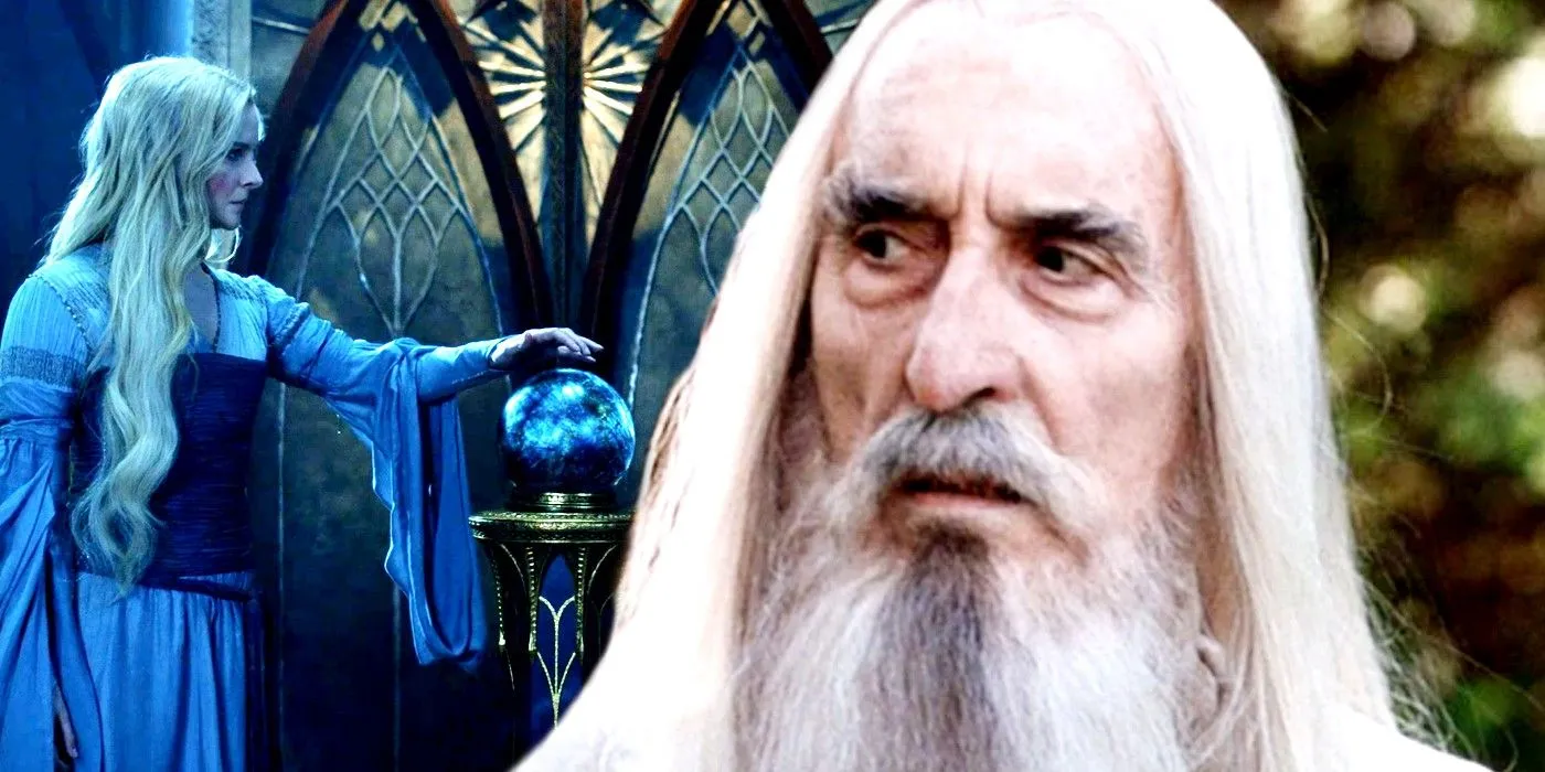 Morfydd Clark as Galadriel alongside Christopher Lee as Saruman