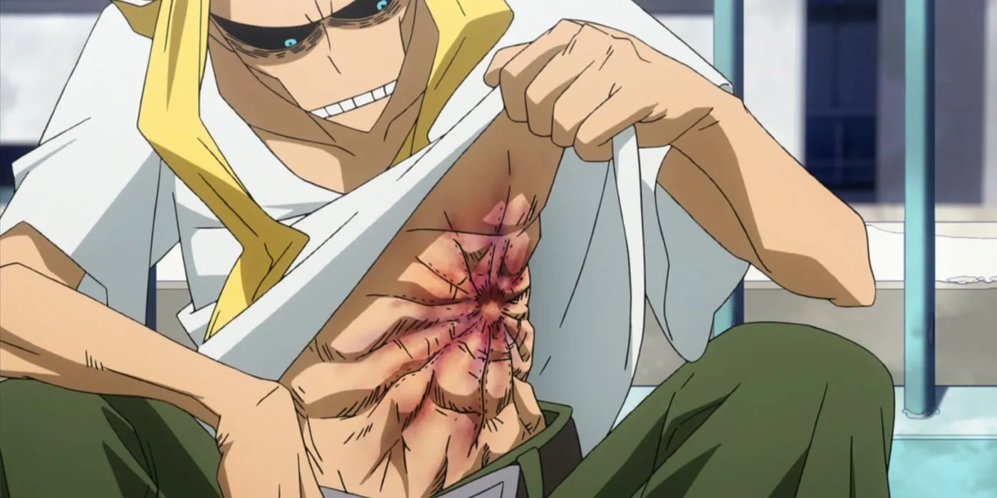 An injured All-Might raising his shirt in My Hero Academia. An injured All-Might raising his shirt in My Hero Academia.