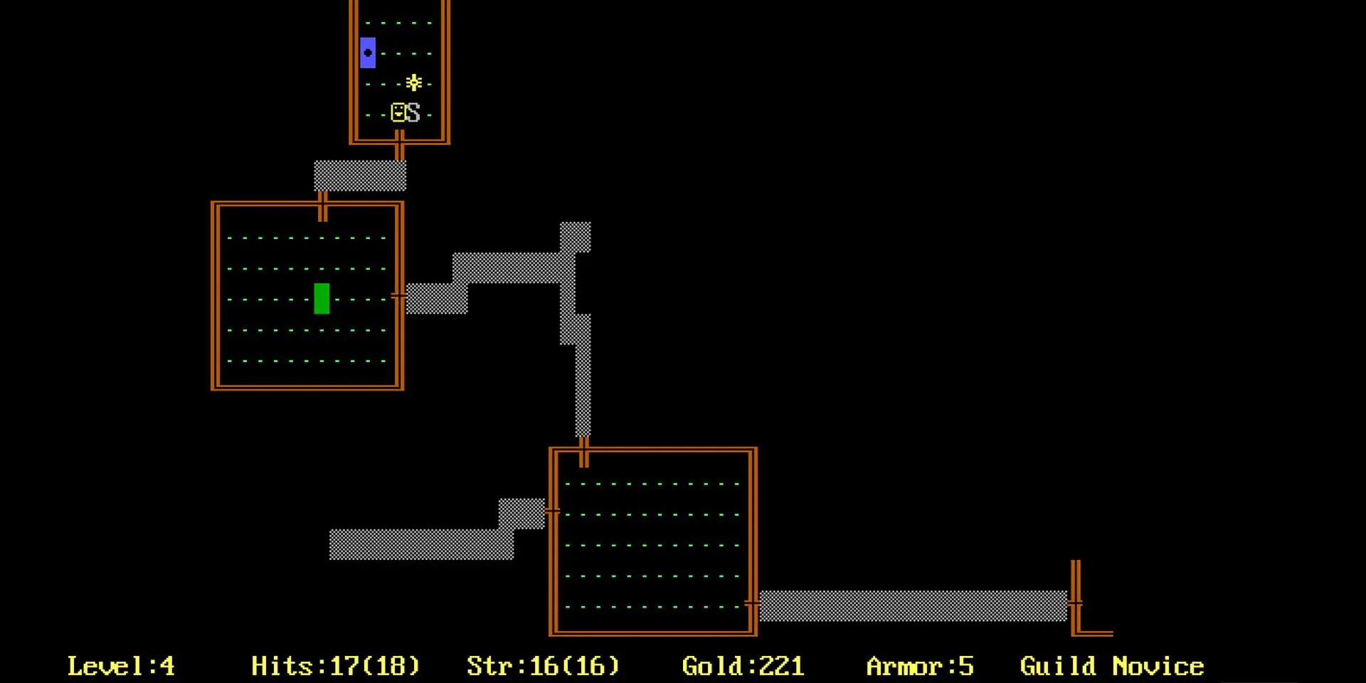 An overhead view of a dungeon in Rogue, the video game that helped define the roguelike genre. An overhead view of a dungeon in Rogue, the video game that helped define the roguelike genre.