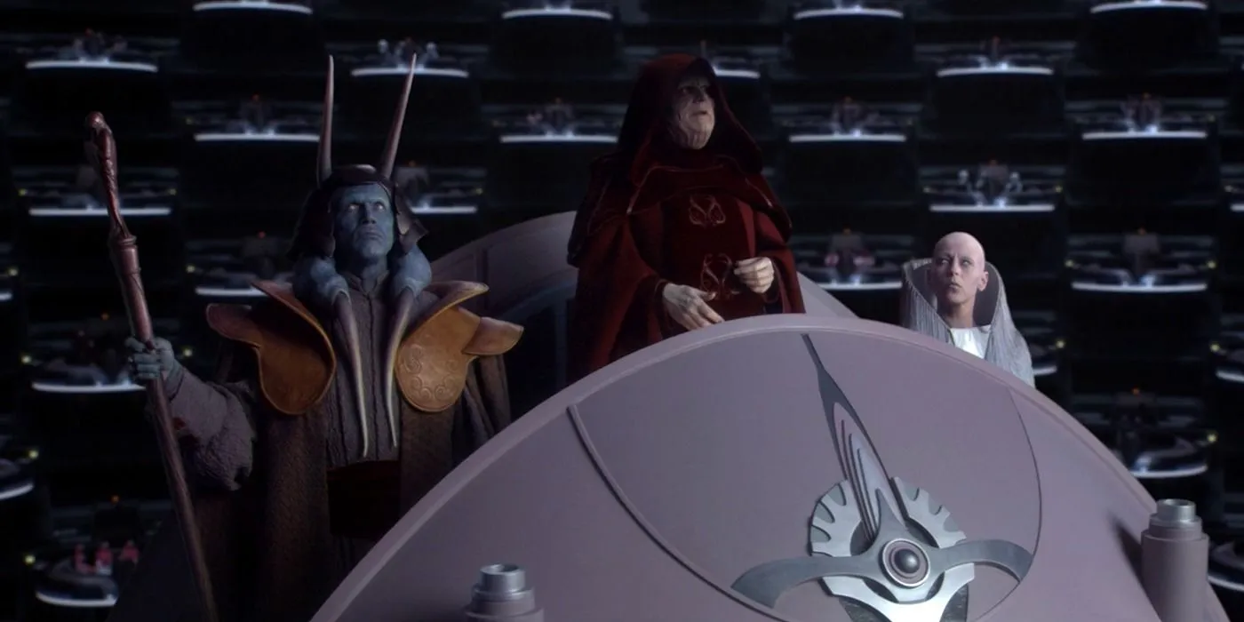 Sheev Palpatine performs the Proclamation of a New Order; the formation of the Galactic Empire to replace the Galactic Republic, announcing it in the Senate chamber in Revenge of the Sith Sheev Palpatine performs the Proclamation of a New Order; the formation of the Galactic Empire to replace the Galactic Republic, announcing it in the Senate chamber in Revenge of the Sith