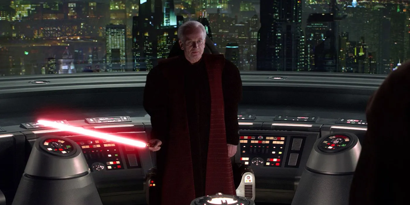 Palatpine ignites his lightsaber and prepares to battle Mace Windu and the Jedi in Revenge Of The Sith