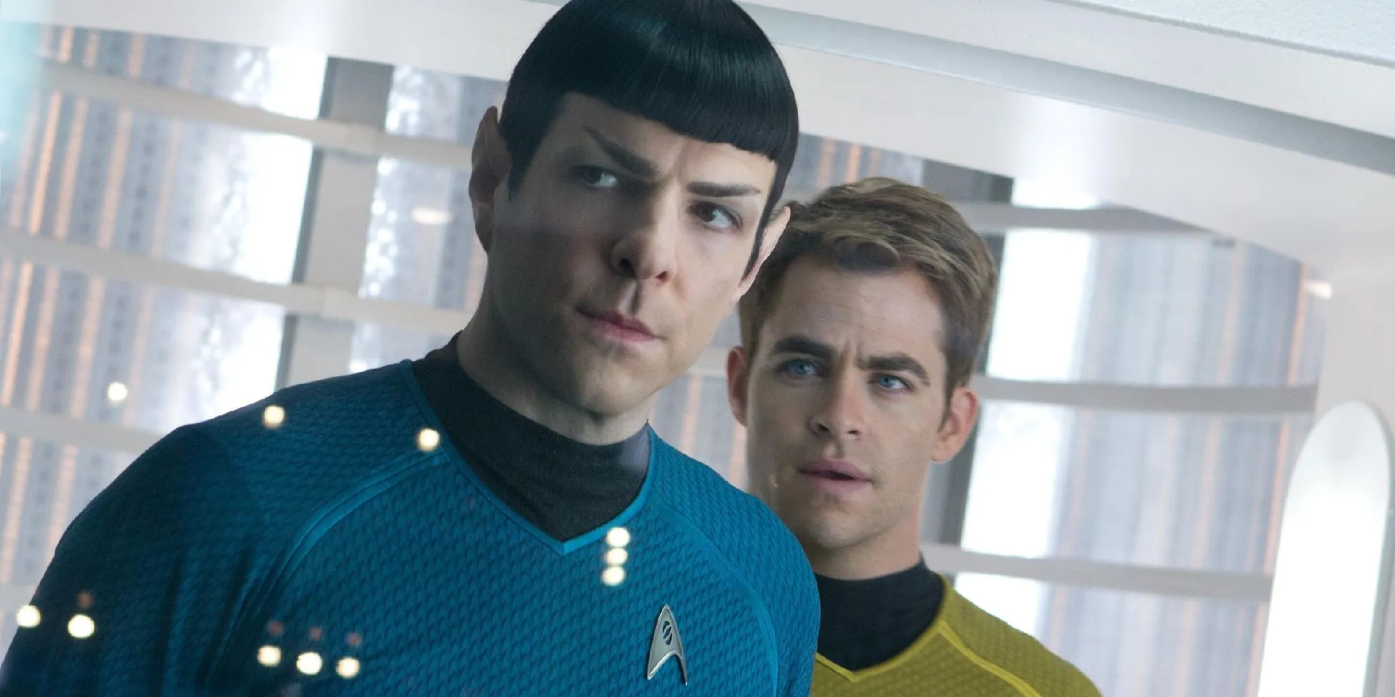 Kirk and Spock looking at something on the Enterprise in Star Trek Into Darkness Kirk and Spock looking at something on the Enterprise in Star Trek Into Darkness