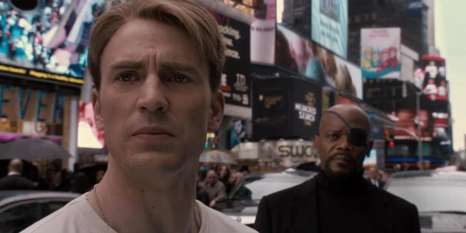 Steve Rogers with Nick Fury in Times Square in Captain America The First Avenger Steve Rogers with Nick Fury in Times Square in Captain America The First Avenger