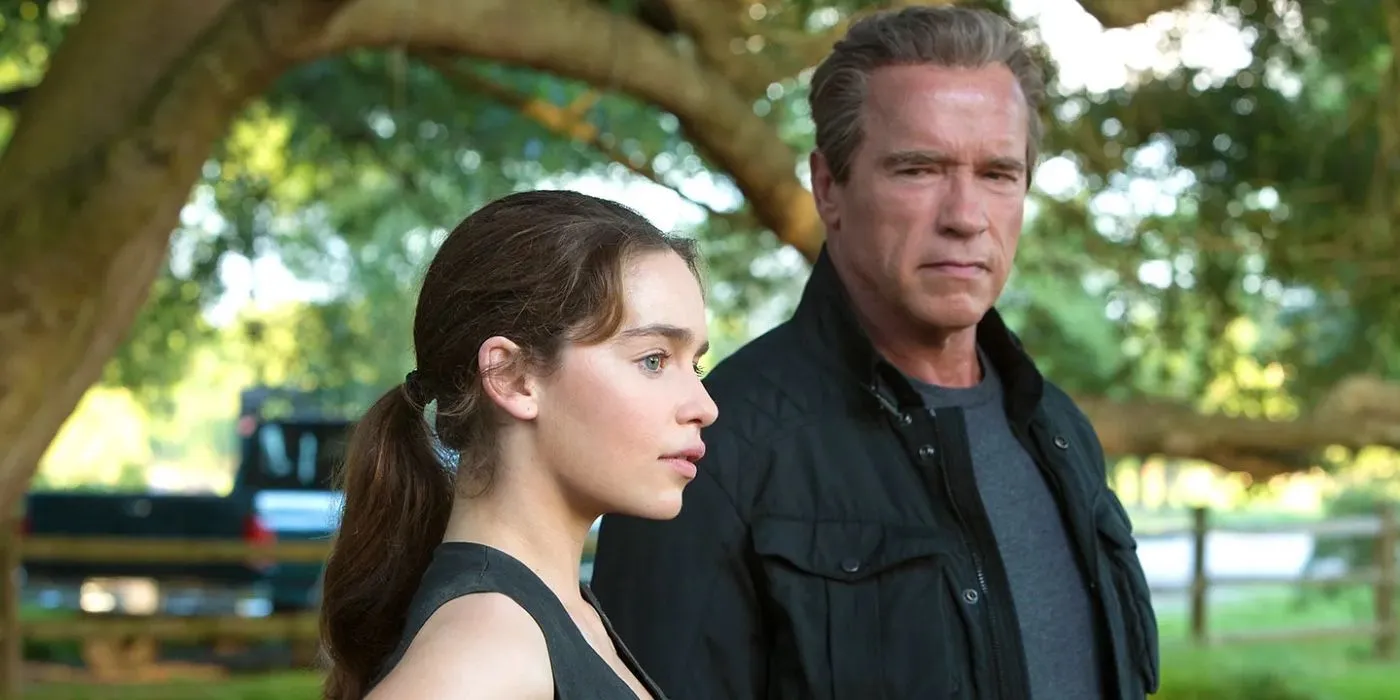 Emilia Clarke and Arnold Schwarzenegger in Genisys