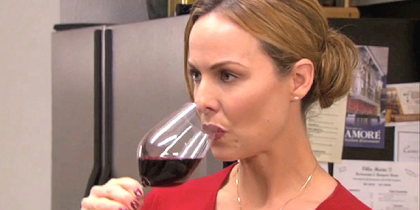 Jan takes a sip of wine in The Office episode Dinner Party Jan takes a sip of wine in The Office episode Dinner Party