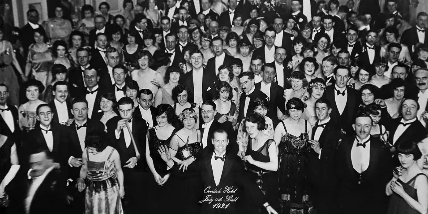 Jack Nicholson in front of a ballroom crowd in The Shining ending photo from 1921 Jack Nicholson in front of a ballroom crowd in The Shining ending photo from 1921
