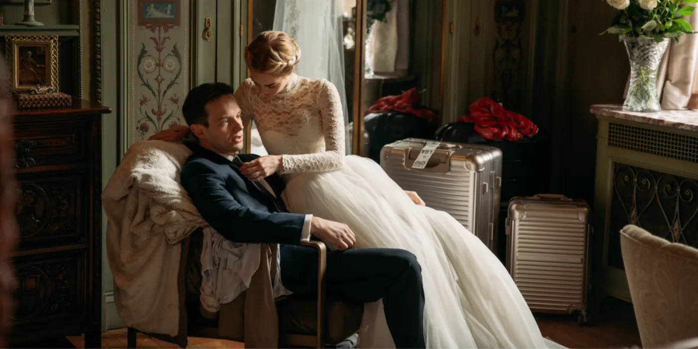 Grace (Samara Weaving) comforting Alex (Mark O'Brien) in Ready or Not Grace (Samara Weaving) comforting Alex (Mark O'Brien) in Ready or Not