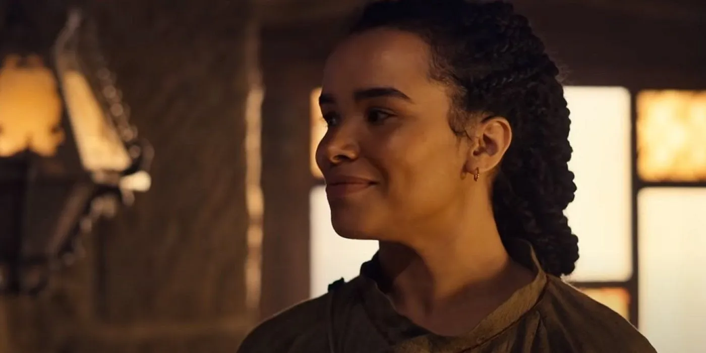 Nynaeve smiling in The Wheel of Time Nynaeve smiling in The Wheel of Time