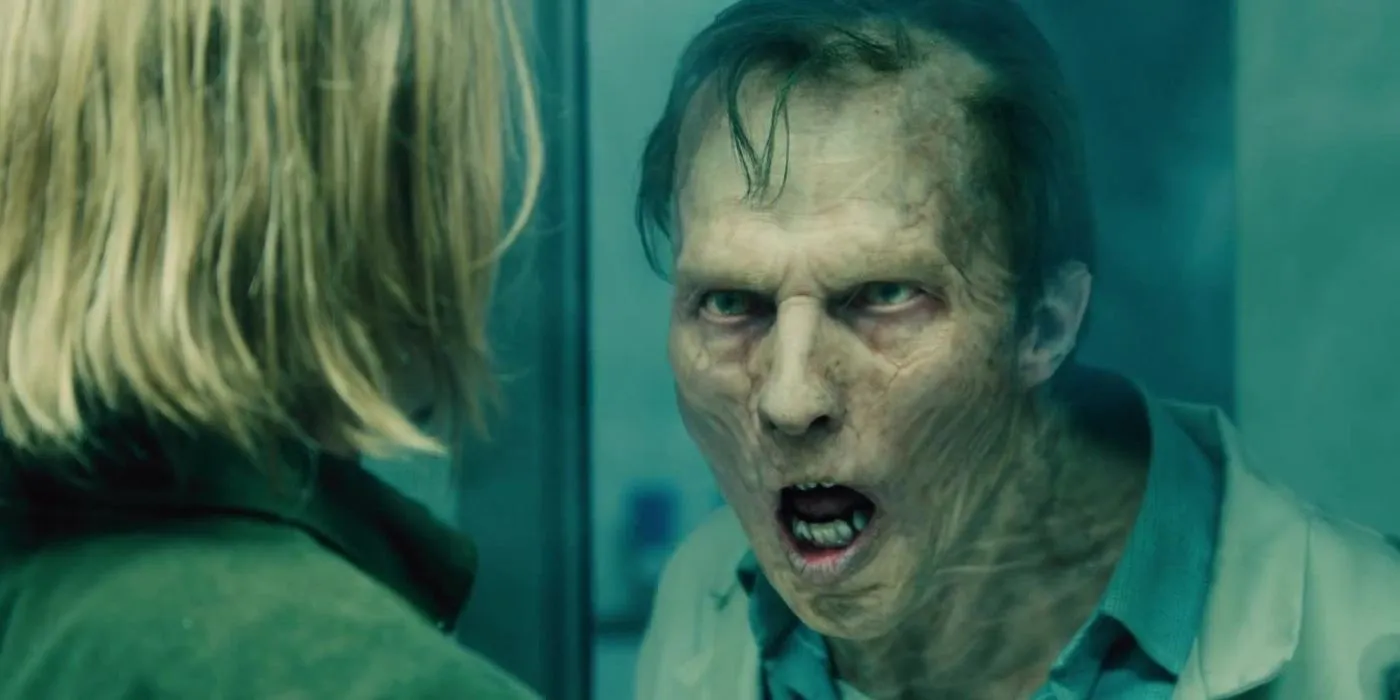 Looking at zombie from over Brad Pitt's shoulder perspective Looking at zombie from over Brad Pitt's shoulder perspective