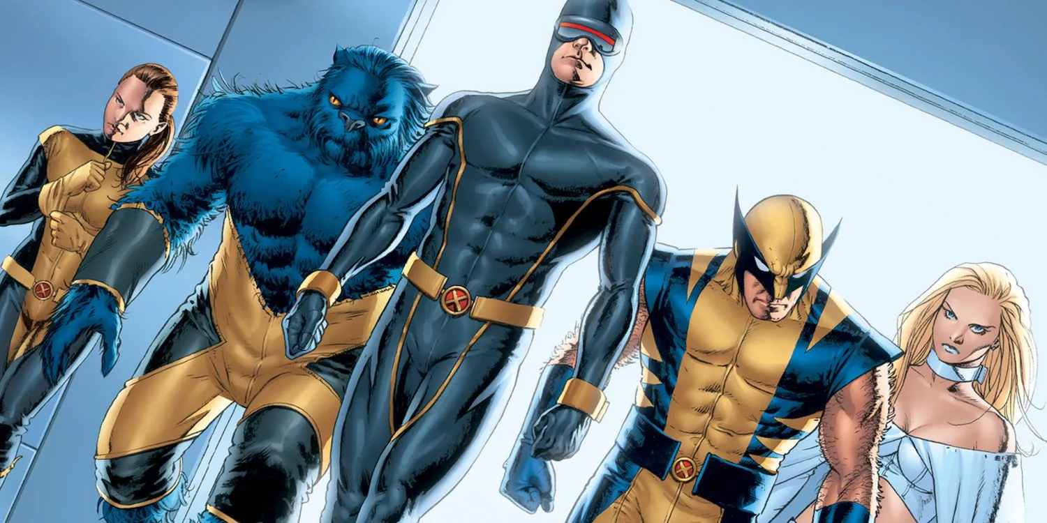 Wolverine, Cyclops, Beast, Emma Frost, and Kitty Pryde team up wearing the classic yellow X-Men costumes Wolverine, Cyclops, Beast, Emma Frost, and Kitty Pryde team up wearing the classic yellow X-Men costumes