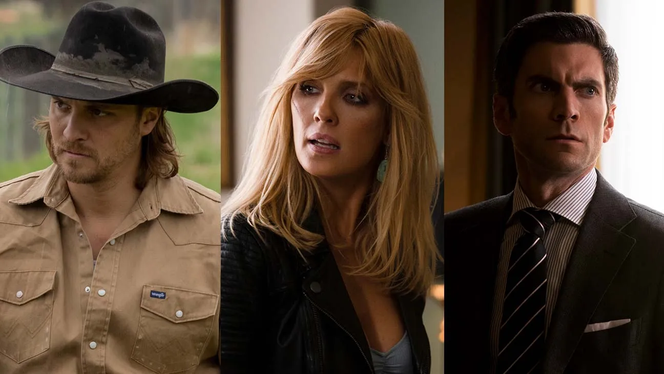 John Dutton’s surviving children in Yellowstone: Luke Grimes as Kayce, Kelly Reilly as Beth, and Wes Bentley as Jamie.