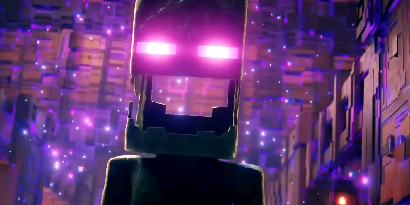 A blocky creature with glowing purple eyes in A Minecraft Movie A blocky creature with glowing purple eyes in A Minecraft Movie