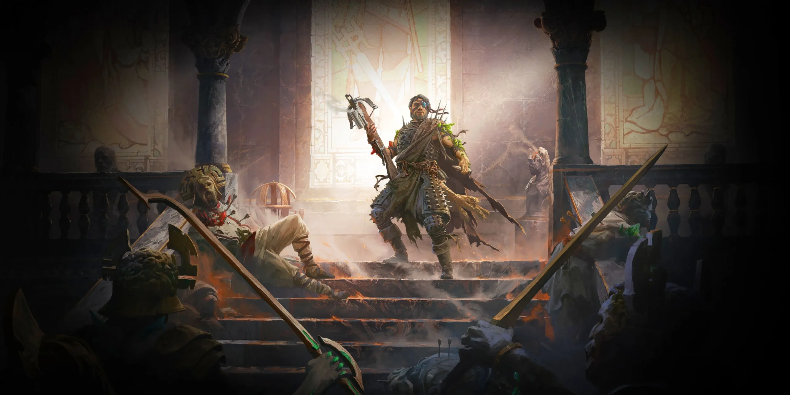 A Gemling Legionnaire Mercenary atop a set of stairs in Path of Exile 2, wielding a crossbow. A Gemling Legionnaire Mercenary atop a set of stairs in Path of Exile 2, wielding a crossbow.