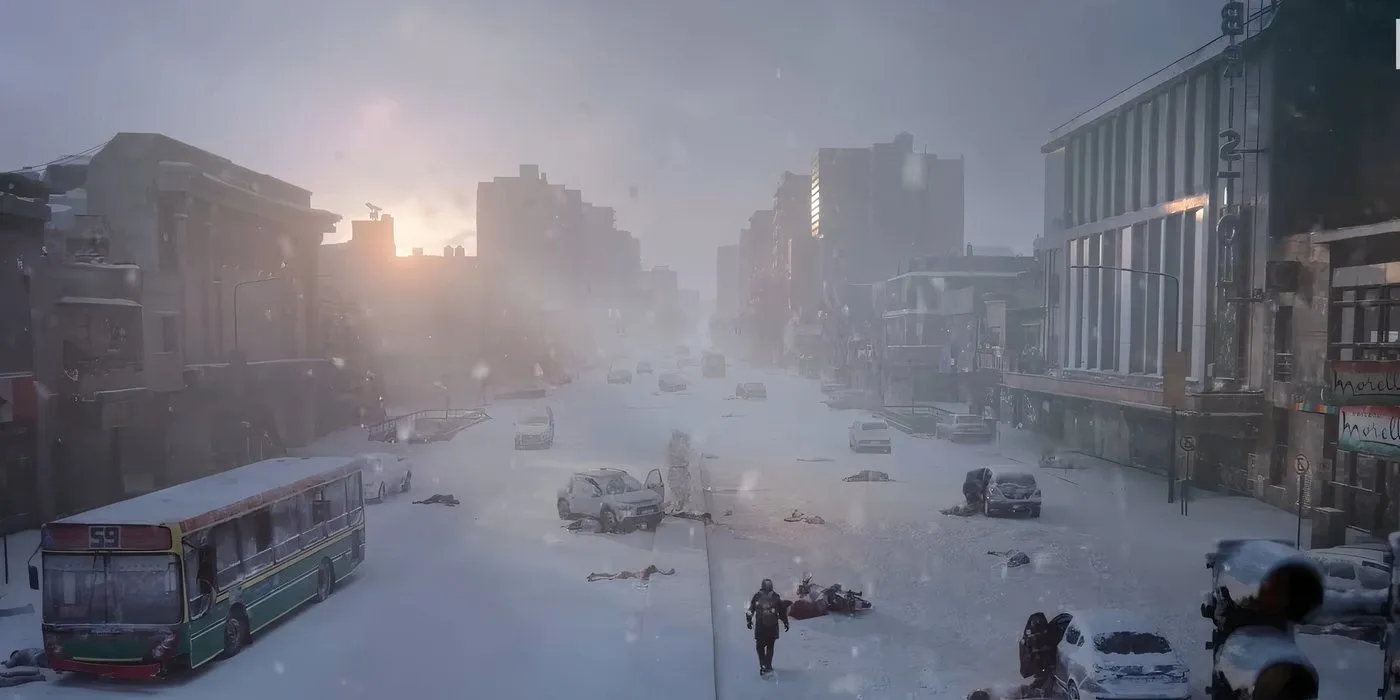 Character navigating toxic snowfall in The Eternaut