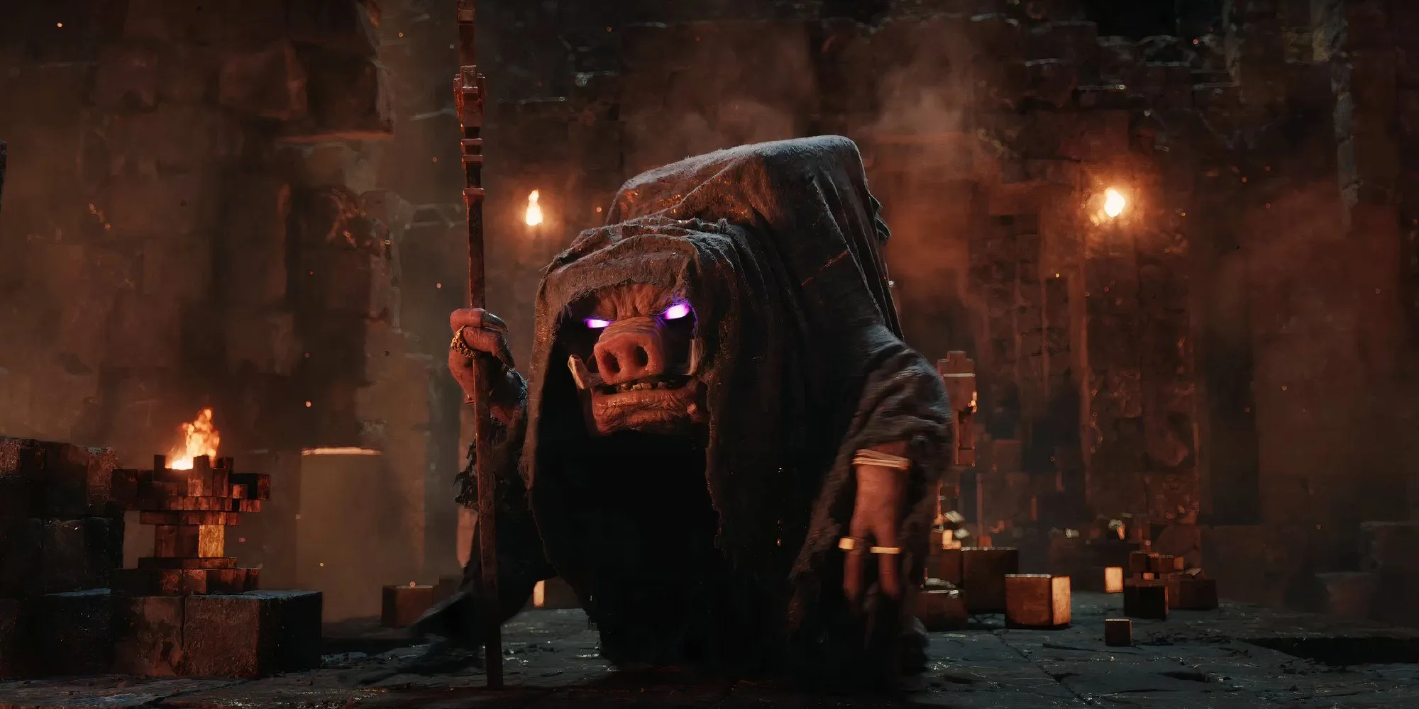 Malgosha with a cane in A Minecraft Movie