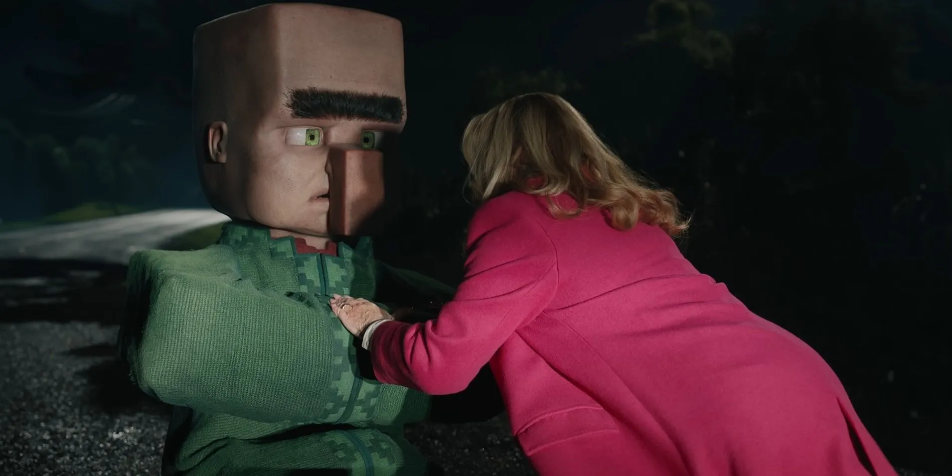 A villager depicted alongside Jennifer Coolidge in A Minecraft Movie A villager depicted alongside Jennifer Coolidge in A Minecraft Movie