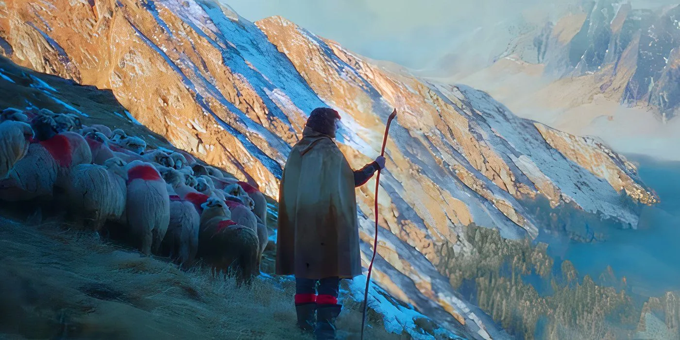 A shepherd looking over picturesque mountains in The Legend of Ochi A shepherd looking over picturesque mountains in The Legend of Ochi