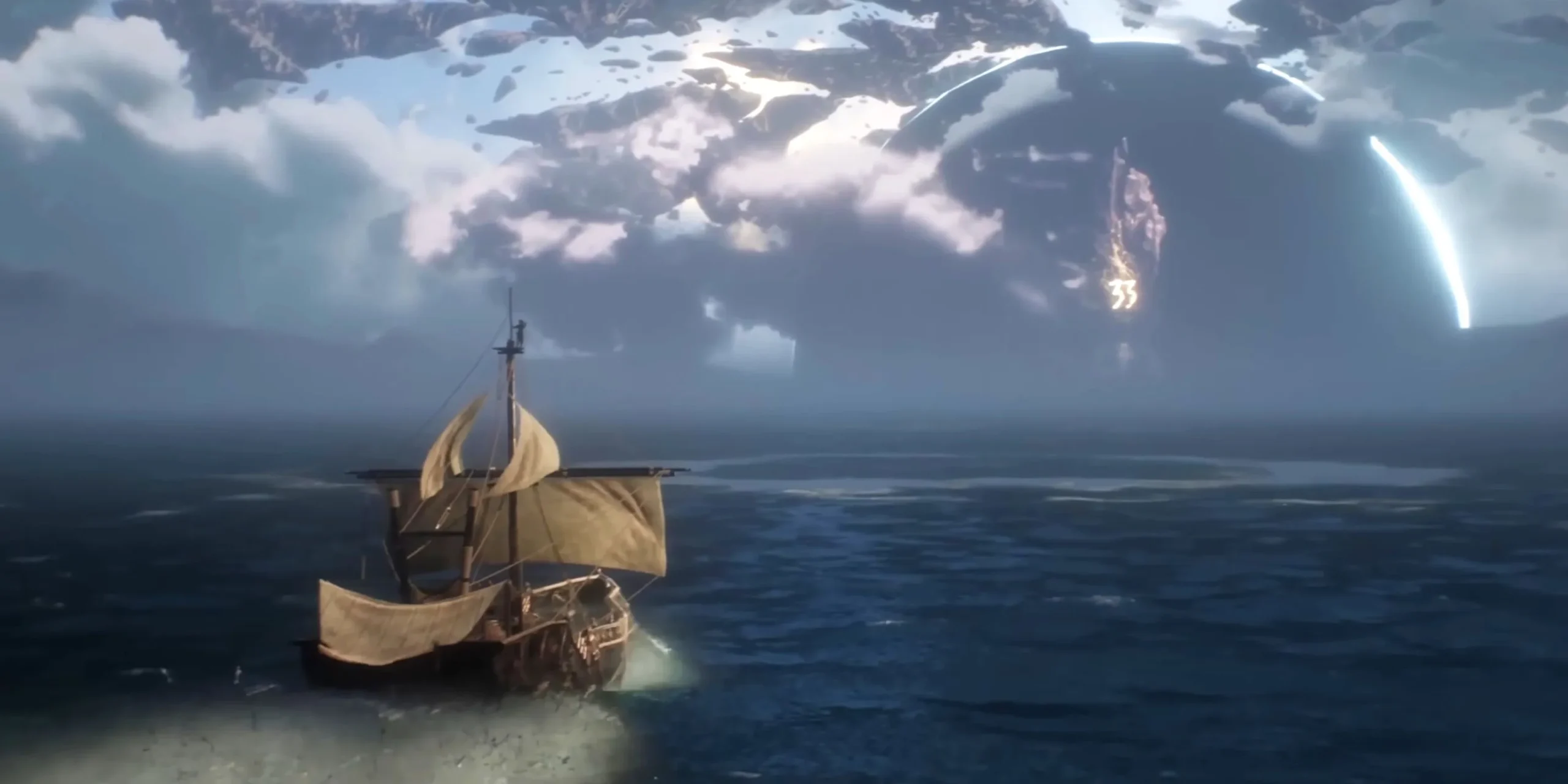 A ship approaching a colossal structure in Clair Obscur A ship approaching a colossal structure in Clair Obscur
