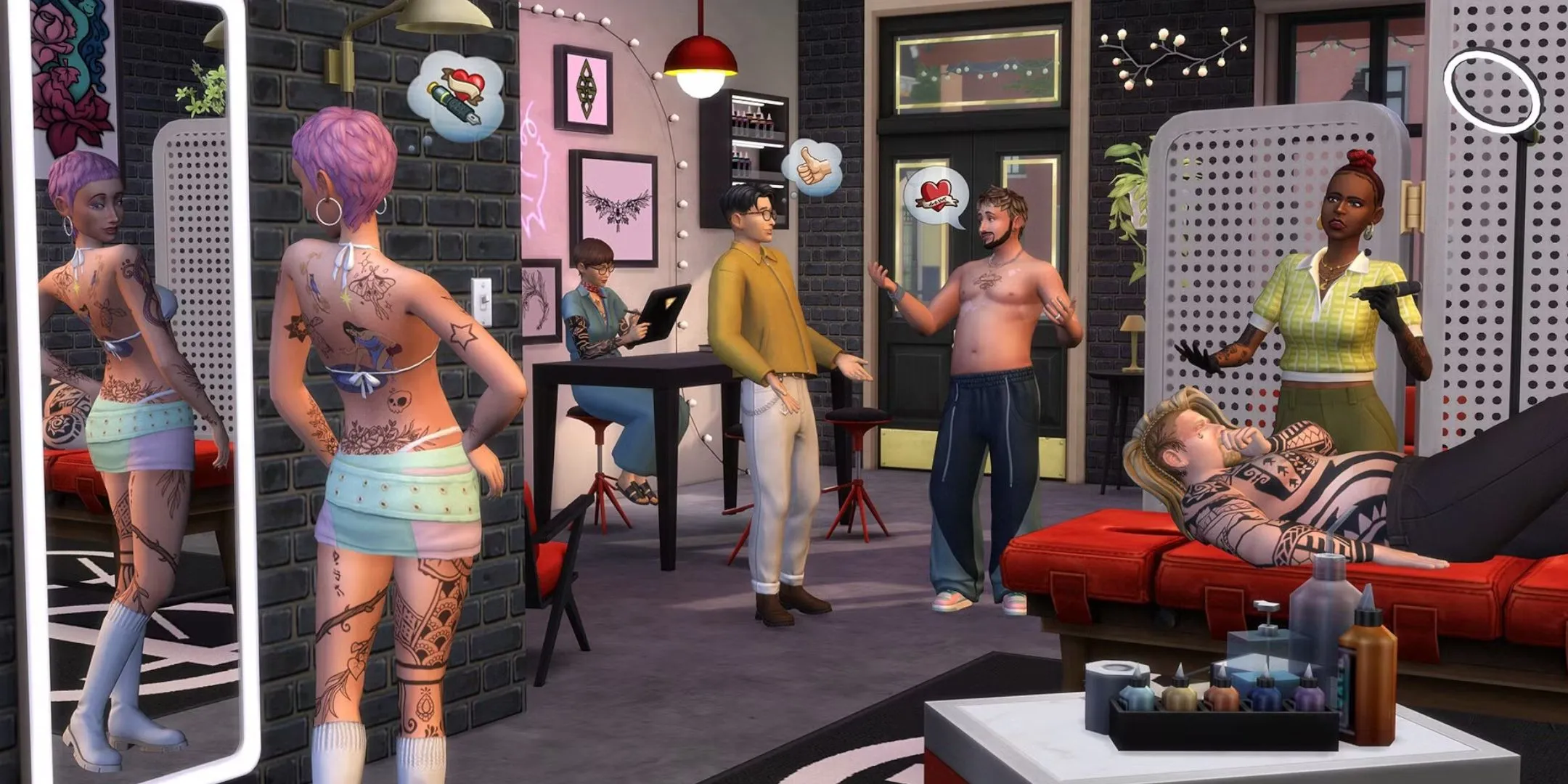 Sims enjoying time in a tattoo parlor
