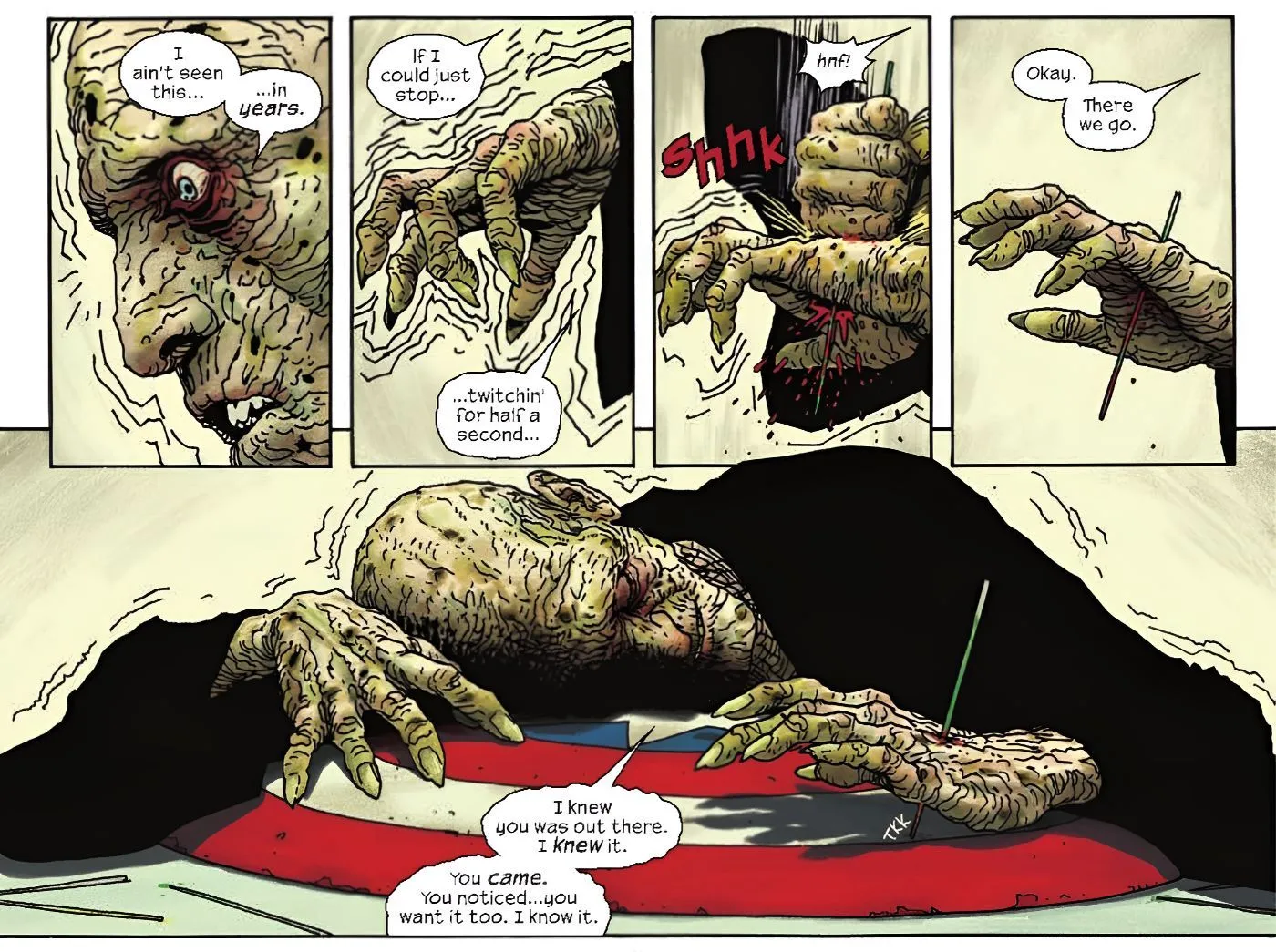 A Terrifying Villain Stabs His Hand to Keep it Steady While Holding Captain America's Shield A Terrifying Villain Stabs His Hand to Keep it Steady While Holding Captain America's Shield
