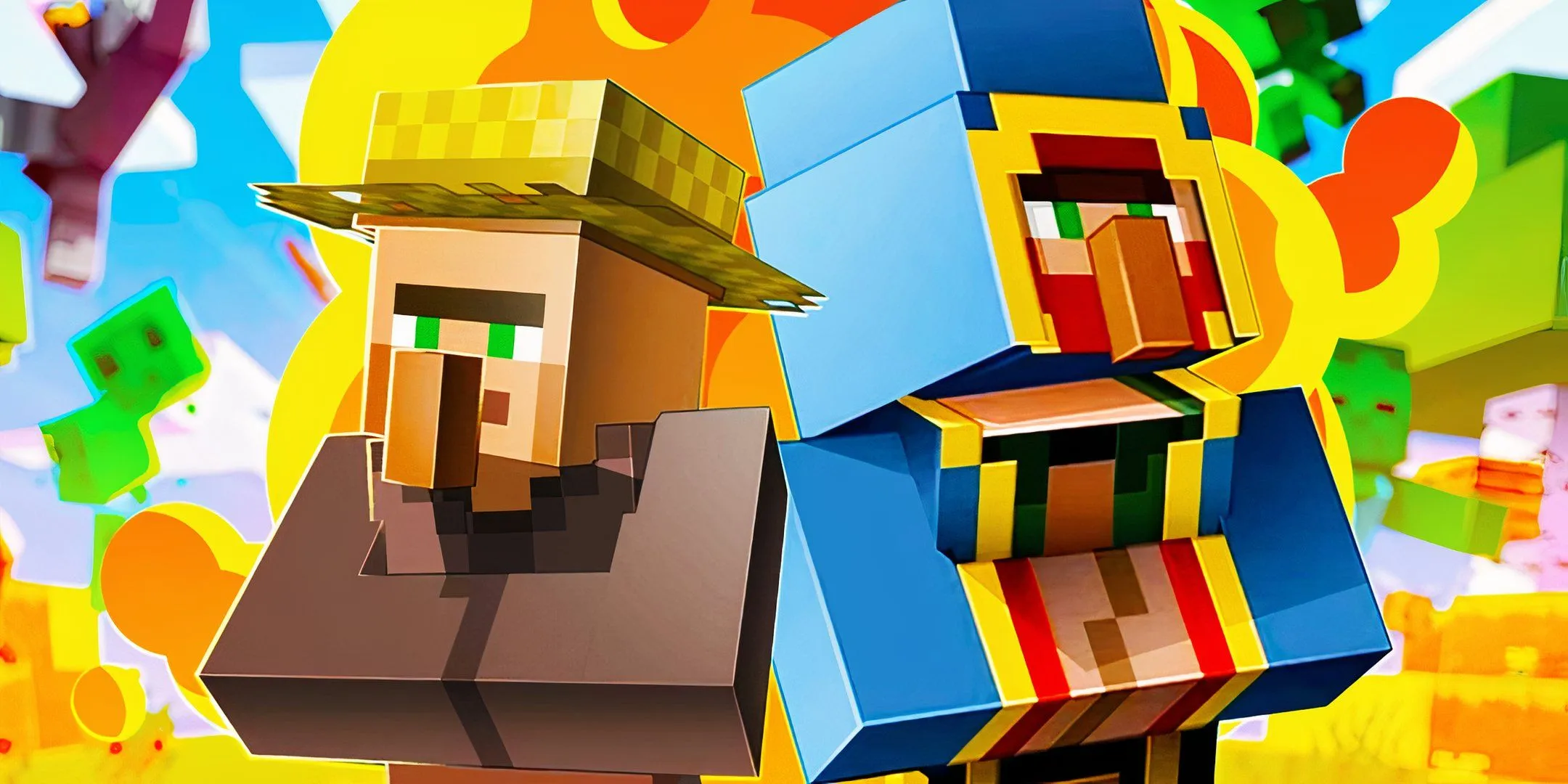 Villager and Trader in Minecraft with lava and mobs in the background