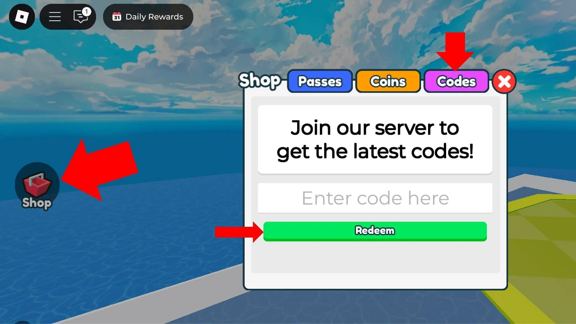 The Shop tab, indicated by a red basket icon The Shop tab, indicated by a red basket icon
