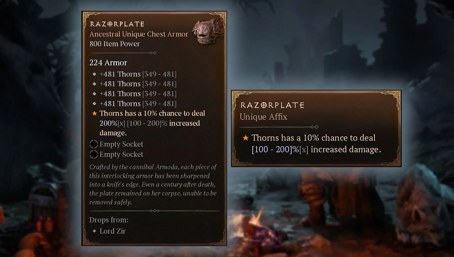 Stats and Unique Effect of the Razorplate Unique Armor (Image via Blizzard Entertainment) Stats and Unique Effect of the Razorplate Unique Armor (Image via Blizzard Entertainment)