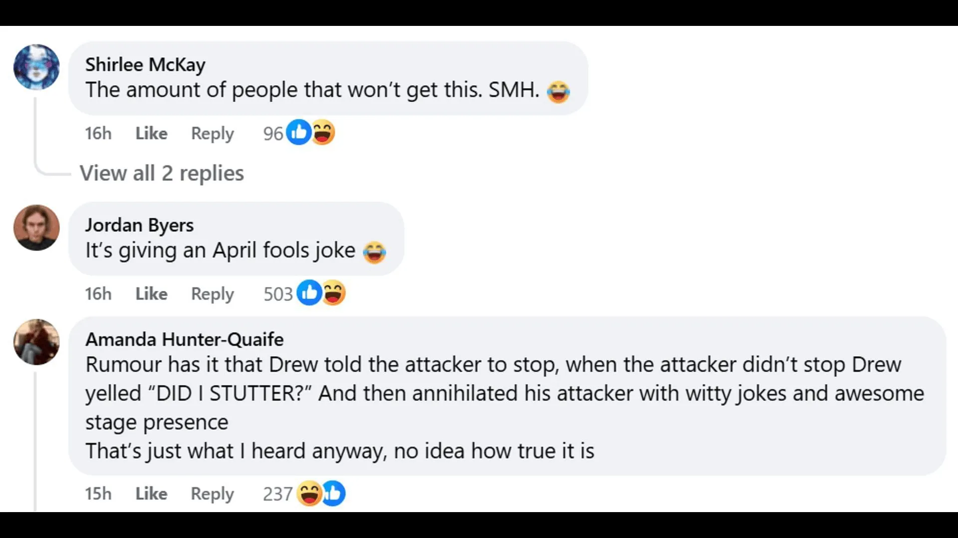 Netizens comment on Drew's post. (Image via Facebook)