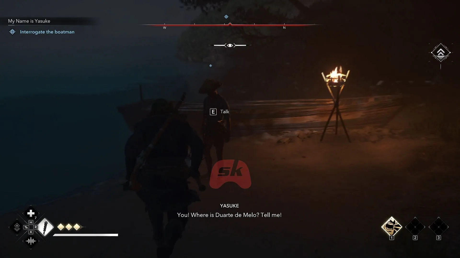 Interrogate the boatman to sail to Duarte de Melo's ship (Image via Sportskeeda Gaming // Ubisoft) Interrogate the boatman to sail to Duarte de Melo's ship (Image via Sportskeeda Gaming // Ubisoft)