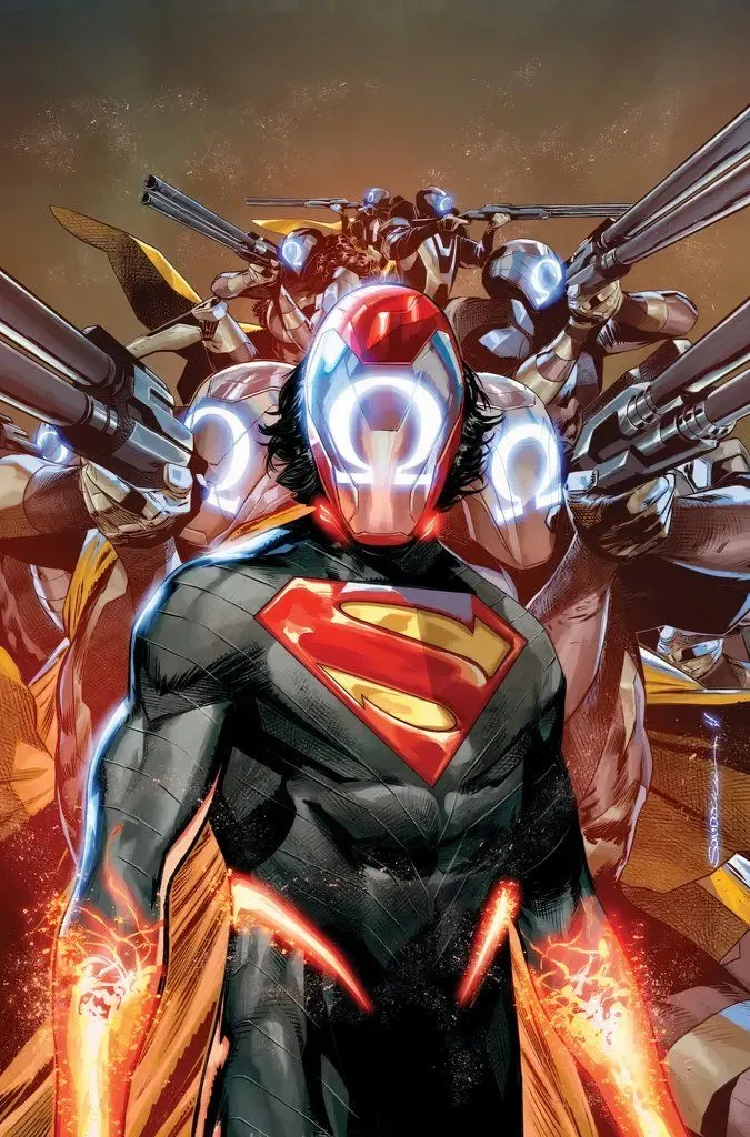 Absolute Superman #9 cover showing Superman standing with an Omega Men mask on Absolute Superman #9 cover showing Superman standing with an Omega Men mask on