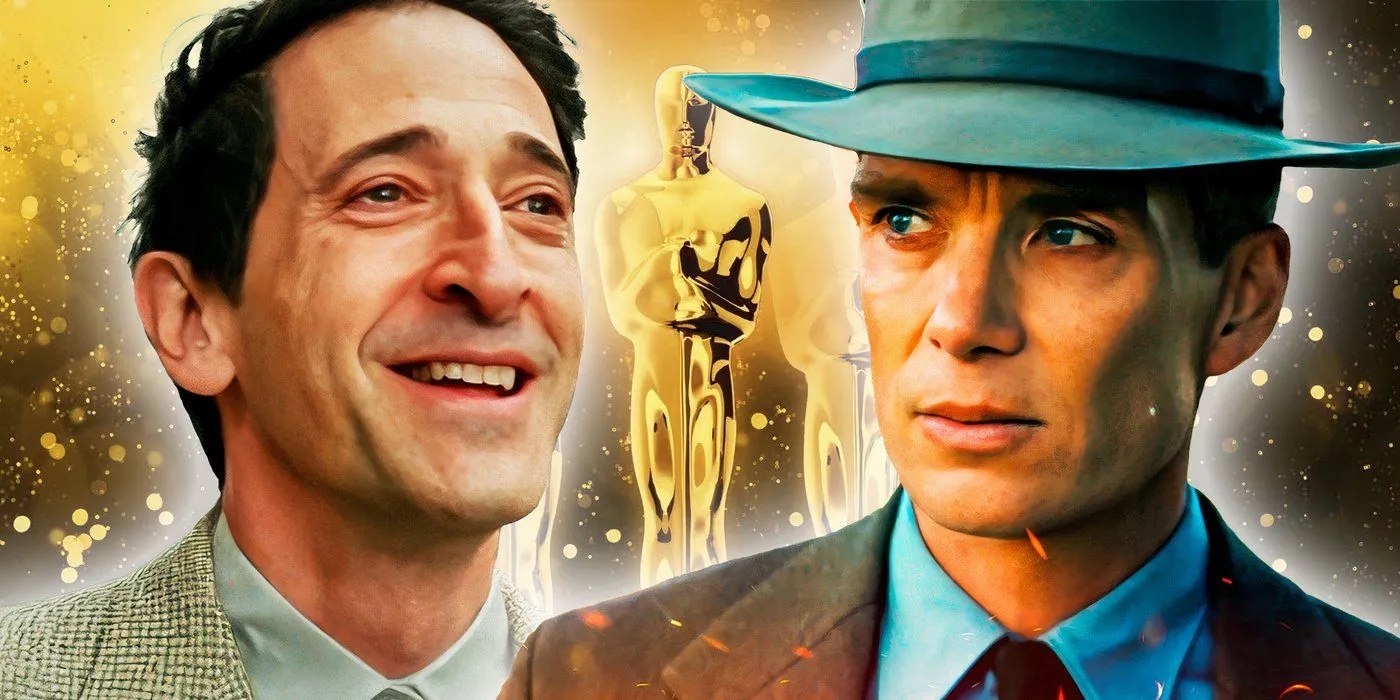 An edited image of Adrien Brody in The Brutalist and Cillian Murphy in Oppenheimer with an Oscars statue in the background. An edited image of Adrien Brody in The Brutalist and Cillian Murphy in Oppenheimer with an Oscars statue in the background.