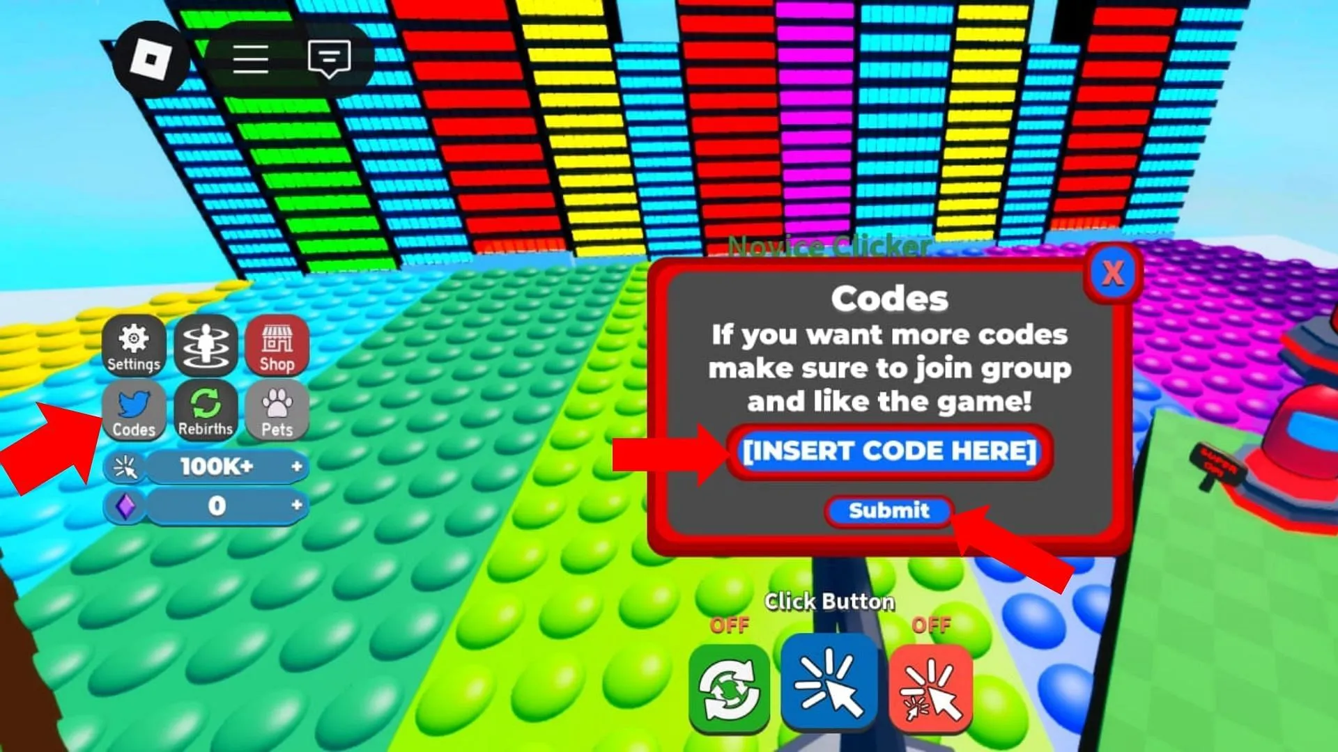 The Codes button is on the left side of the screen (Image via Roblox) The Codes button is on the left side of the screen (Image via Roblox)