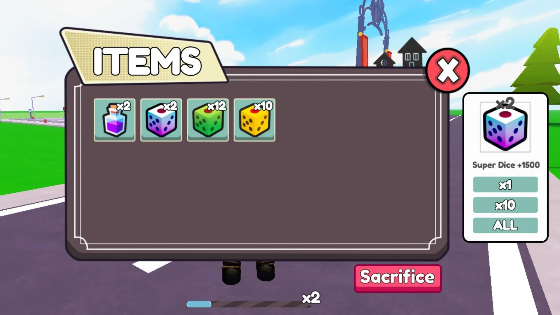 Use Lucky Dice to improve the odds of getting rarer buildings (Image via Roblox)