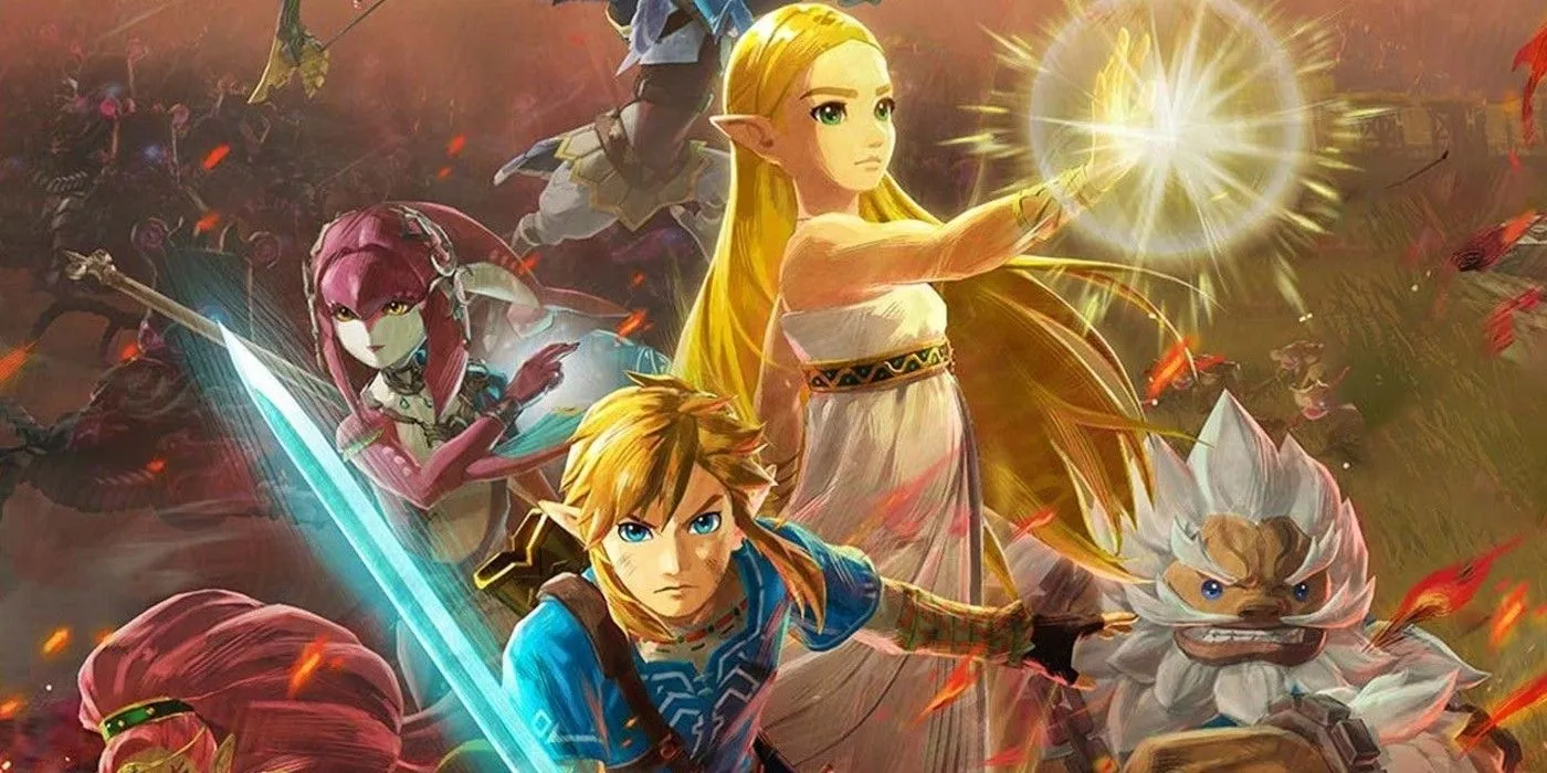 The cover of Age of Calamity featuring Zelda, Link, and the Champions.