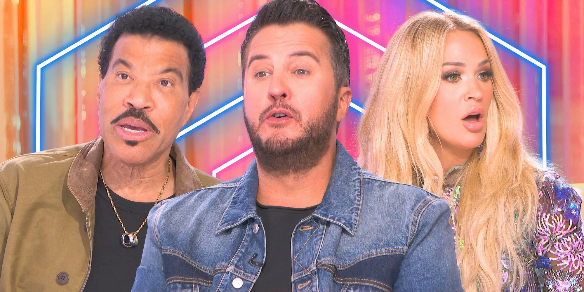 American Idol judges Lionel Richie, Luke Bryan, and Carrie Underwood glance seriously against a pastel background