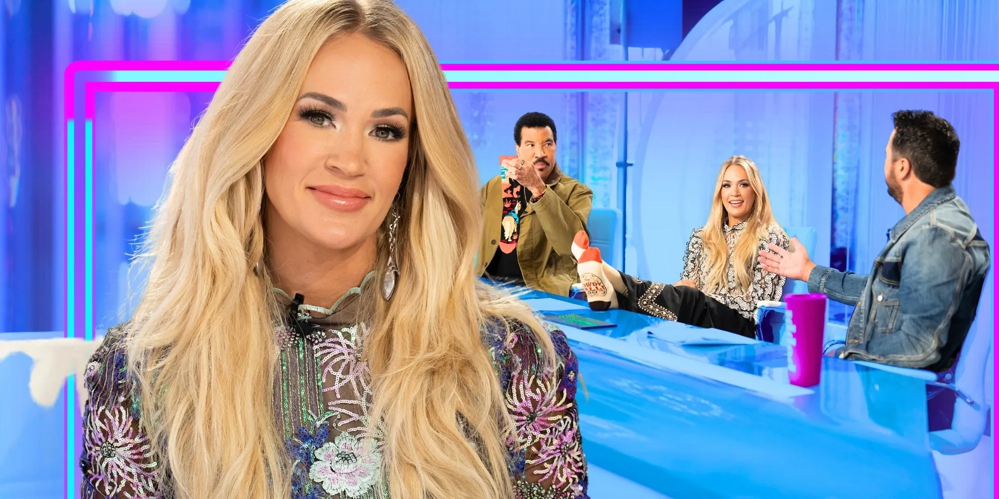 Carrie Underwood smiling with a judging panel in the background Carrie Underwood smiling with a judging panel in the background