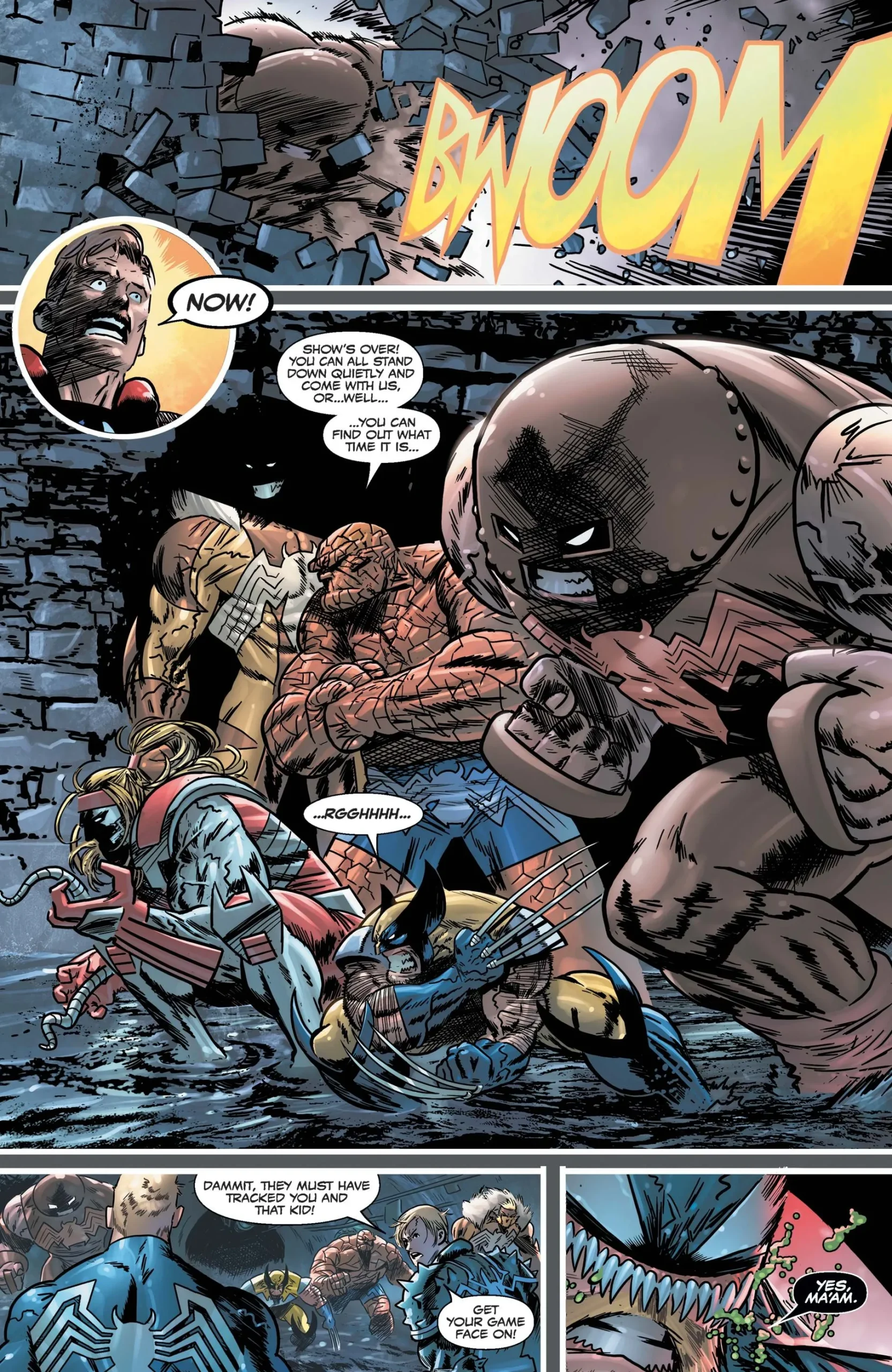An evil Venomized team consisting of Wolverine, Juggernaut, Sabretooth, The Thing, and Omega Red attack in Venom (2018) #28