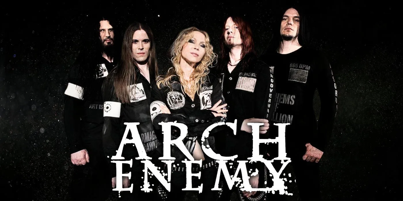 The band Arch Enemy alongside their logo The band Arch Enemy alongside their logo
