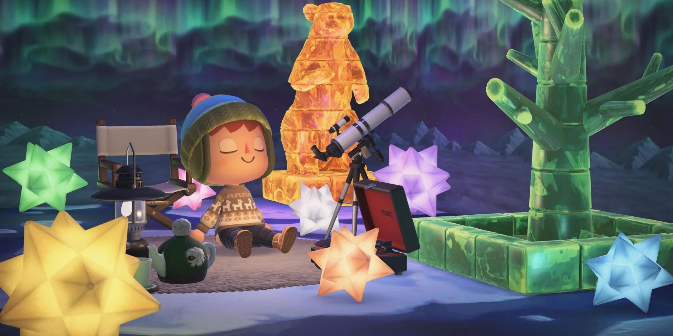 Animal Crossing New Horizons player in a cozy winter scene.