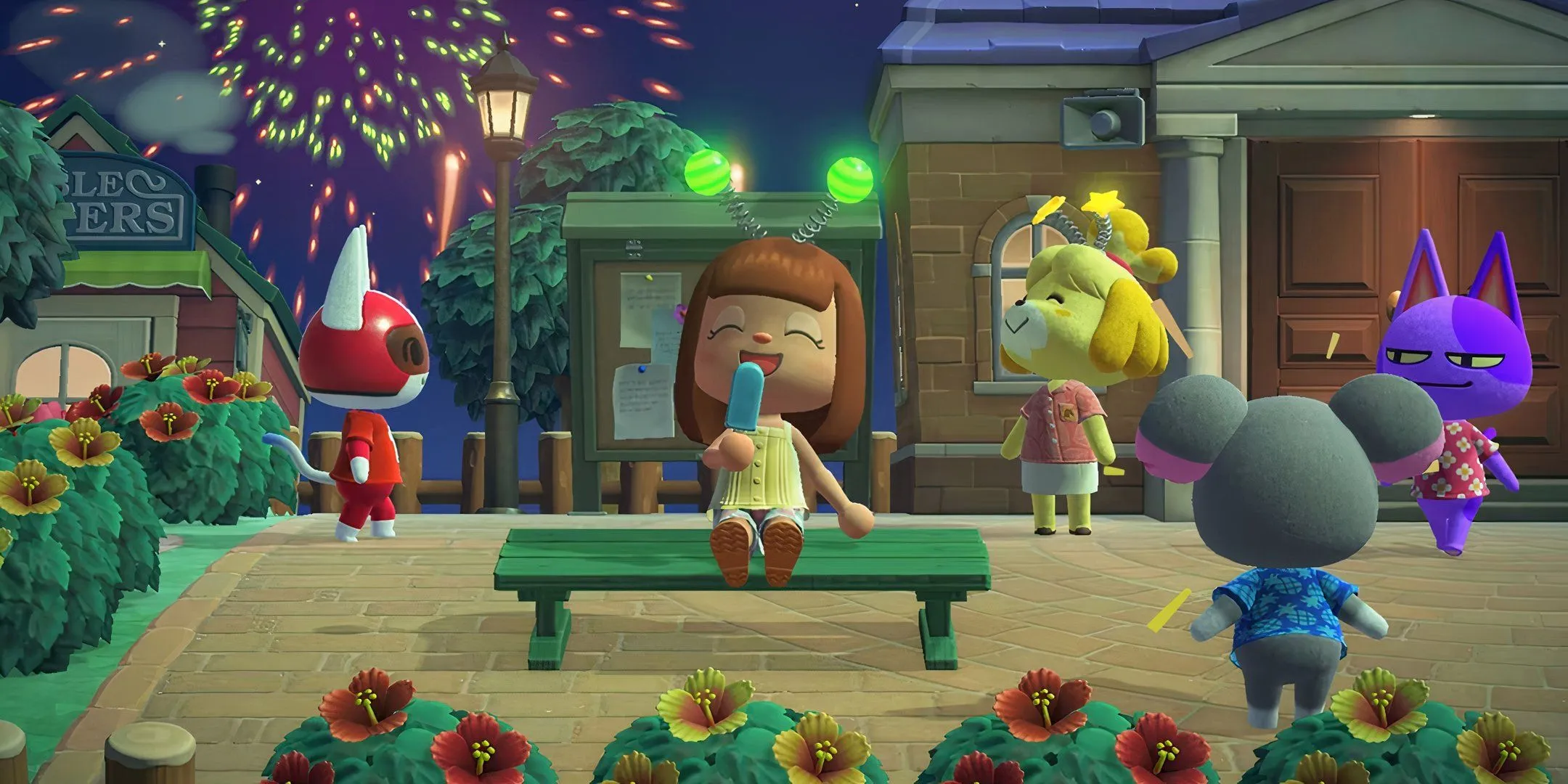 Animal Crossing character with fireworks Animal Crossing character with fireworks