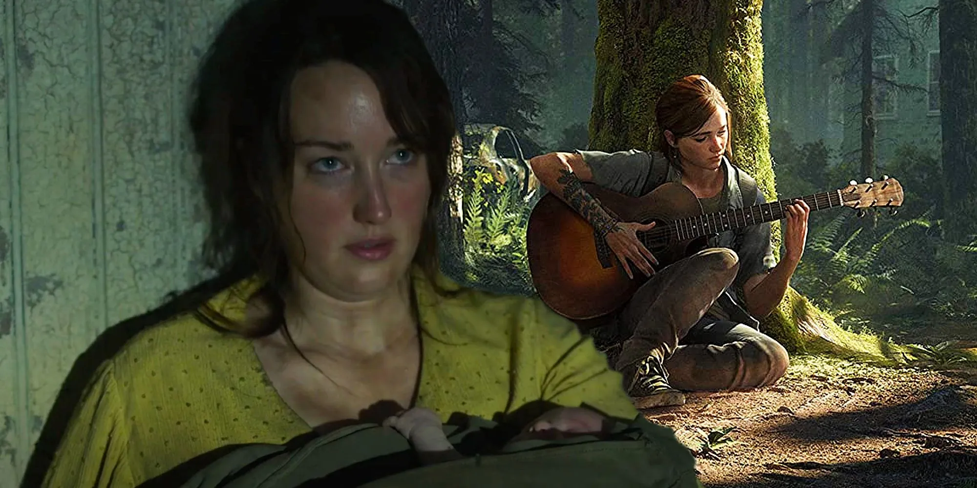 Anna holding Ellie looking up at Marlene in Last of Us episode 9 and Ellie playing guitar in the woods in the Last of Us Part II poster