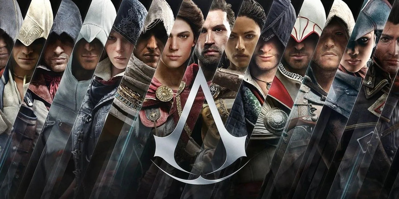 Collage of various Assassin's Creed protagonists, interwoven behind the series logo. Collage of various Assassin's Creed protagonists, interwoven behind the series logo.