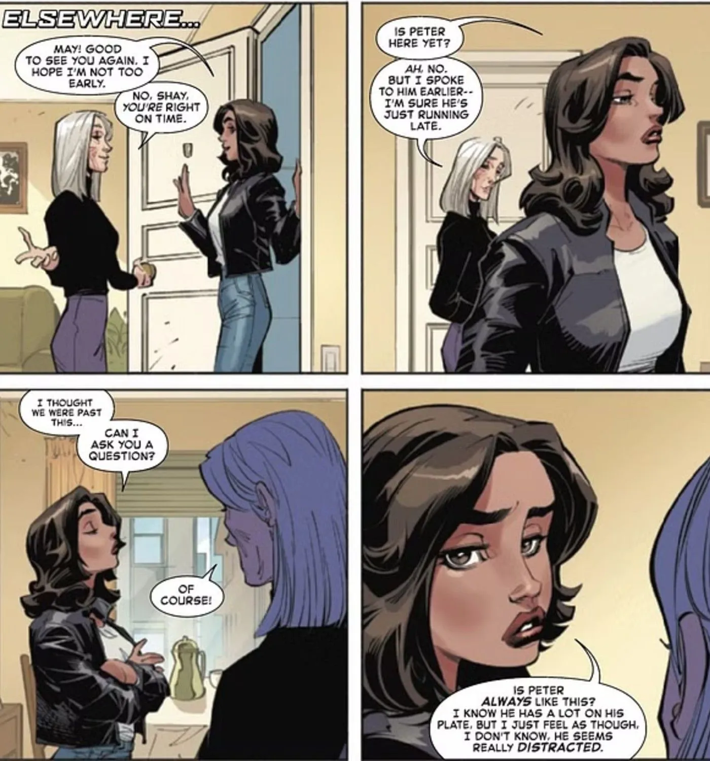 Aunt May meets Peter Parker's new girlfriend Shay Marken in the amazing spider-man #64 Aunt May meets Peter Parker's new girlfriend Shay Marken in the amazing spider-man #64
