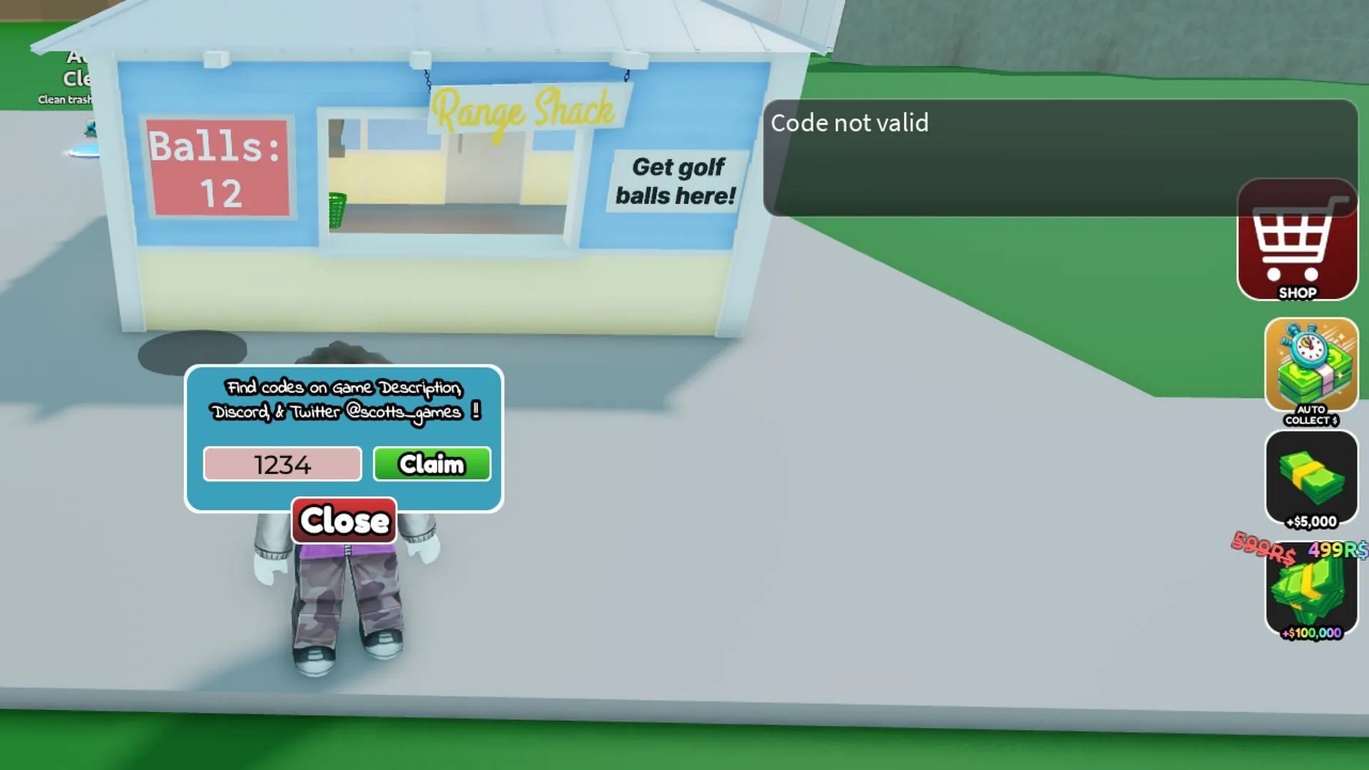 Common error for invalid codes in Golf Range Tycoon (Image via Roblox) Common error for invalid codes in Golf Range Tycoon (Image via Roblox)