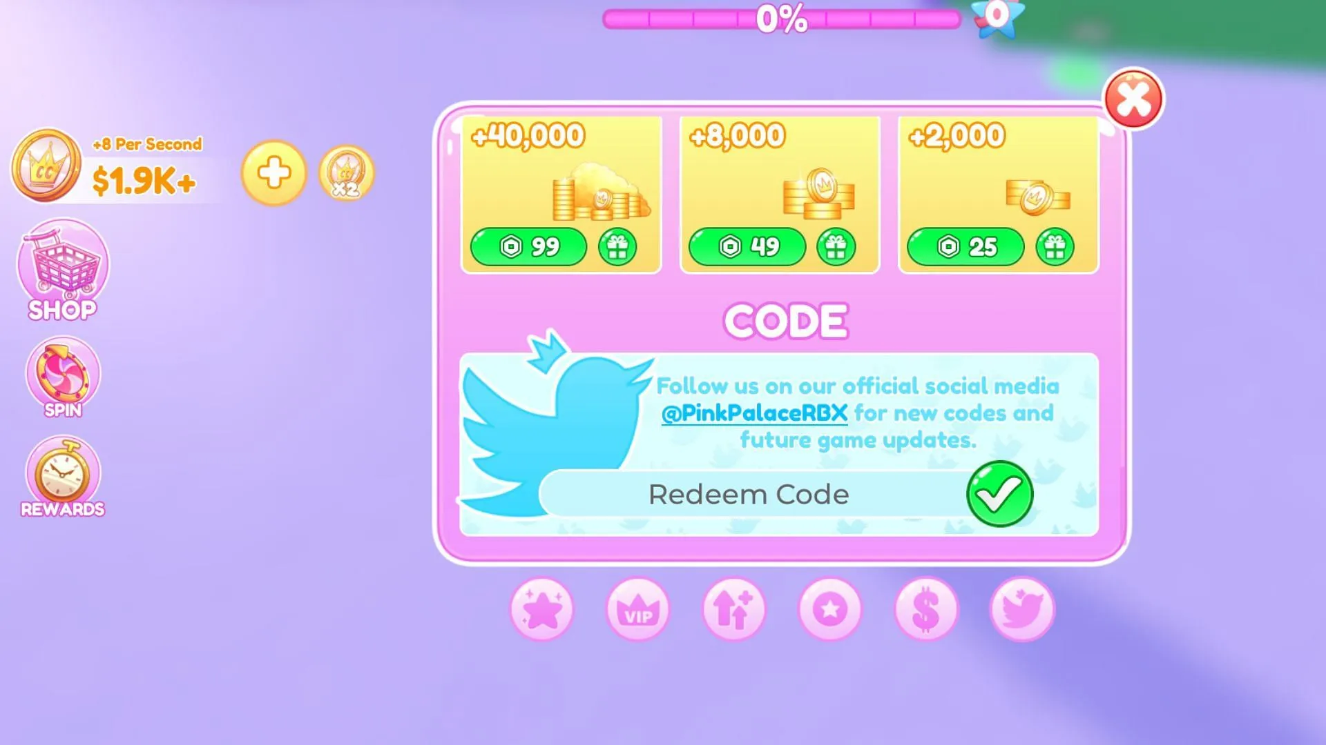 Redeem codes in Pink Palace Tycoon (Image via Roblox) Redeem codes in Pink Palace Tycoon (Image via Roblox)