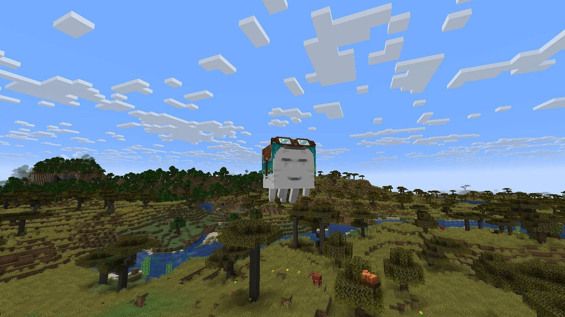 Puoi ottenere un ghast felice salvando un ghast secco dal Nether e facendolo crescere (immagine tramite Sportskeeda Gaming || Mojang Studios)