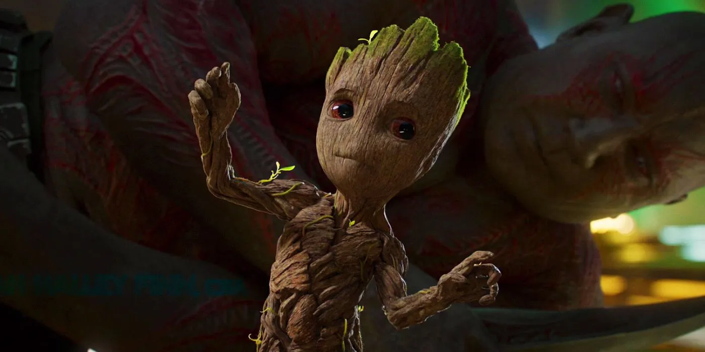 Baby Groot frozen with Drax looking at him in Guardians of the Galaxy Vol. 2 Baby Groot frozen with Drax looking at him in Guardians of the Galaxy Vol. 2